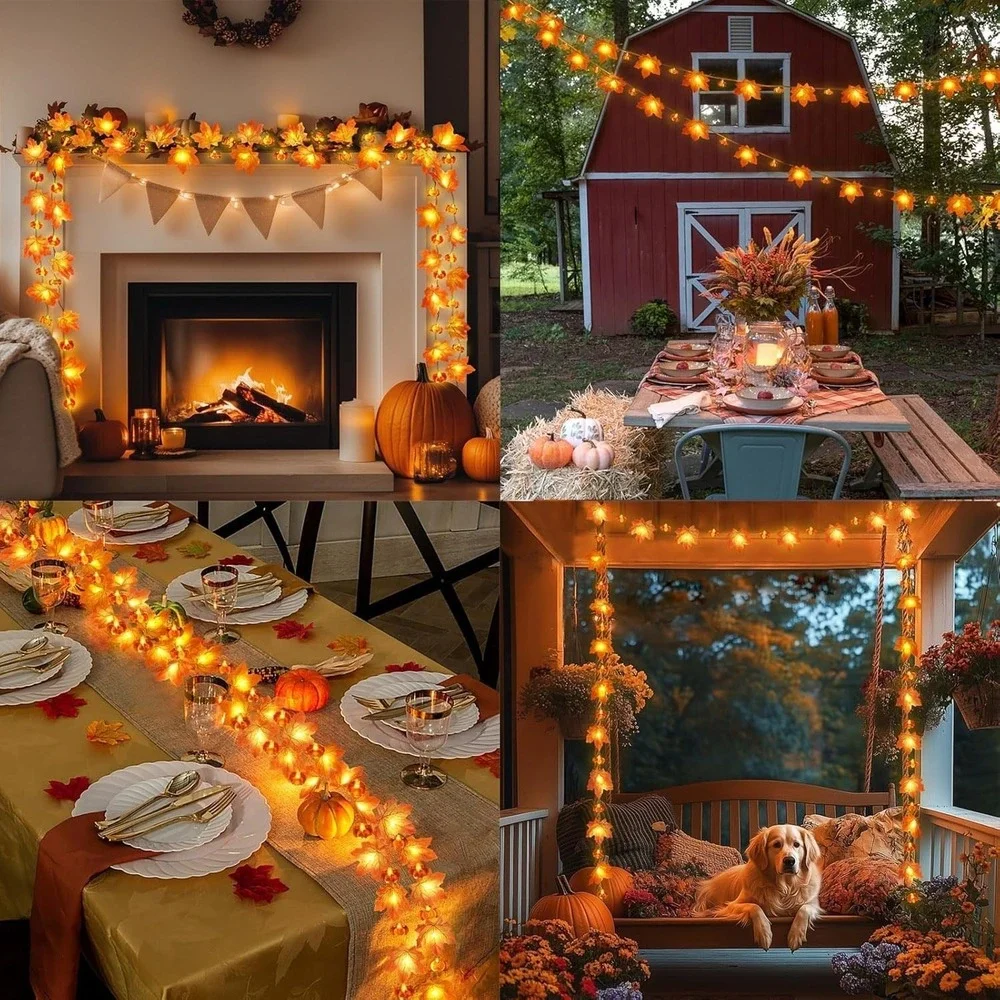 2 Pack Fall Decorations Maple Leaf Pumpkin Lights, Total 20Ft 40 LED Battery Ope